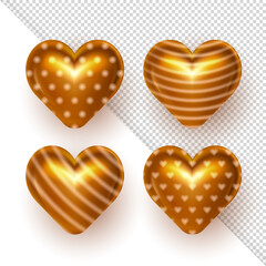 Set of realistic 3d puffy golden valentine hearts with striped and polka dot pattern on transparent background. Three dimensional symbols of love, passion, affection - glossy hearts for Valentines Day