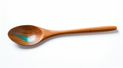 a vibrant turquoise wooden spoon, its smooth texture and bold color enhancing the natural grain of the wood, standing out elegantly against the pristine white backdrop.