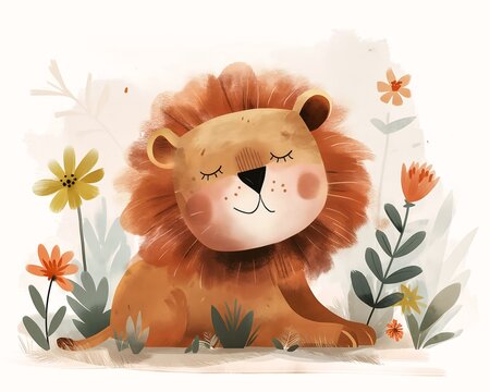 cartoon lion sitting grass flowers favorite vignette strong ferocious calm face color design auction cute little thing adopt imperious