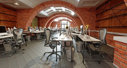 Interior of a modern office with brick walls