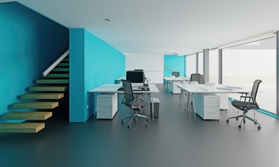 Fototapeta na wymiar Interior of modern office with blue walls, concrete floor