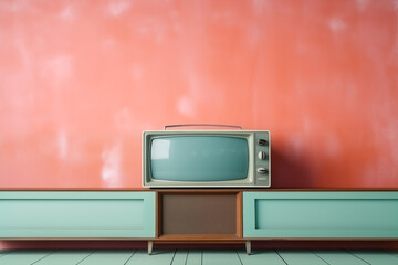 Old-school television set against a vintage pastel-colored wall background_3