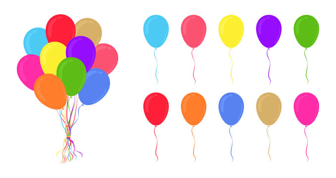 Set of balloon in cartoon style. Vector bunch of balloons with ribbon rope and flying single balloons in different colors for celebrate, carnival, holiday, birthday and party. Flat vector illustration