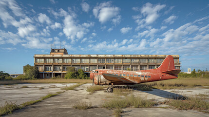 Decrepit airplane in front of an abandoned brutalist airport building - Generative AI