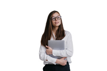 Confident manager woman in glasses wearing white shirt and black pants holding laptop looks aside against transparent background. Beautiful young student girl dreaming about career