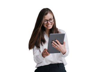 Laughing attractive young businesswoman in white shirt black pants and glasses holding laptop giggling eyes closed against transparent background. Cheerful  student girl happy smiling