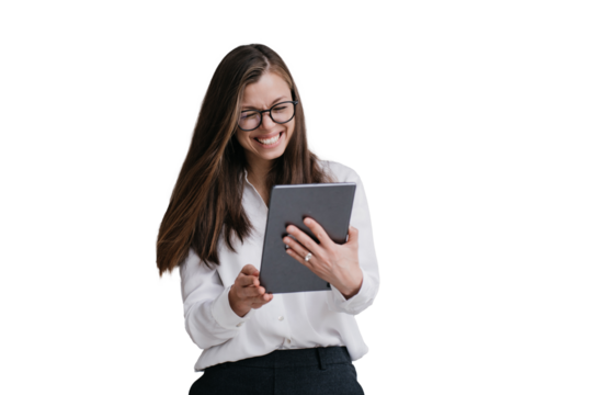 Laughing attractive young businesswoman in white shirt black pants and glasses holding laptop giggling eyes closed against transparent background. Cheerful  student girl happy smiling