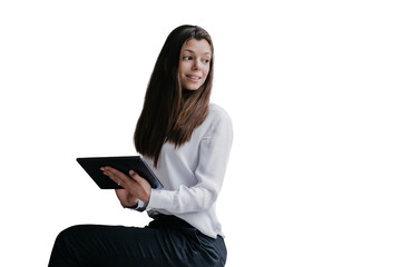 Beautiful brunette young woman with long loose hair sitting on windowsill with laptop looking outside through window, smiling. Successful entrepreneur against transparent background