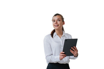 I have idea! Beautiful excited brunette female manager holding tablet against transparent background rolling up eyes, she found solution. businesswoman thinking isolated. Mockup