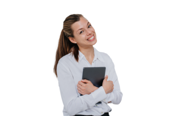 Attractive excited hispanic manager woman in white shirt and black pants holding laptop against transparent background looking at camera toothy smiles. student girl. Mockup, business