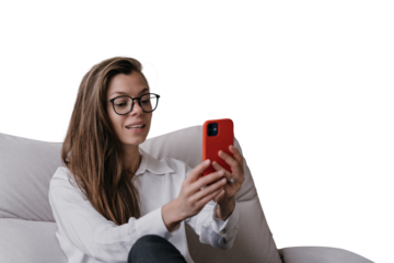 Adorable young woman in glasses talking  by phone makes video call against transparent background. Pretty student talks with parents via internet. Office manager at distant  meeting