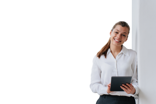 Cheerful student girl thinks about future, career, standing indoor, leans on wall looks aside holds tablet. Attractive thoughtful hispanic woman designer stands against transparent background