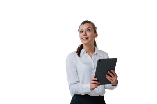 I have idea! Beautiful excited brunette female manager holding tablet against transparent background rolling up eyes, she found solution. businesswoman thinking isolated. Mockup