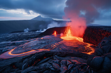 ハワイ火山国立公園の流れ出す溶岩