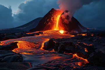 ハワイ火山国立公園の流れ出す溶岩 - obrazy, fototapety, plakaty