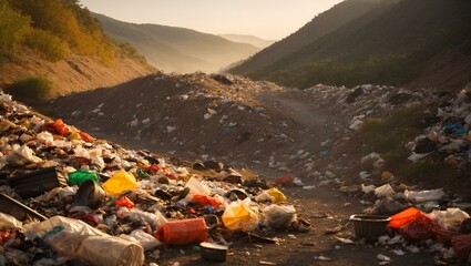 A pile of garbage in the middle of nature and the hills