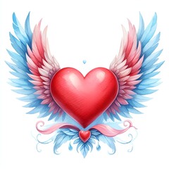 watercolor paint red heart with wings for Valentine's Day holiday card decor