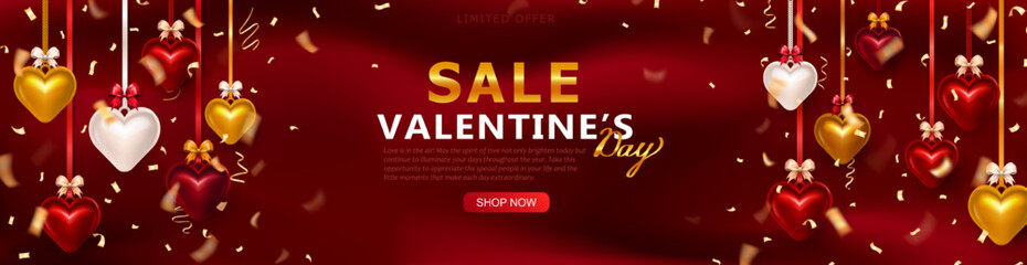 Romantic luxury sale panoramic banner or header with 3d glossy hearts hanging on silk ribbon with realistic bow and golden confetti streamers with promo discount text for Valentine's Day celebration