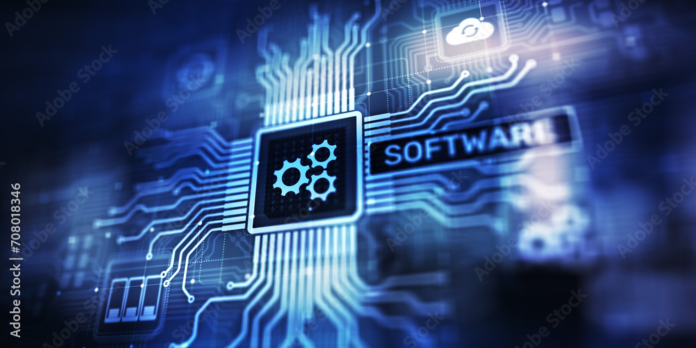 Poster software development and business process automation, internet and technology concept on virtual scr