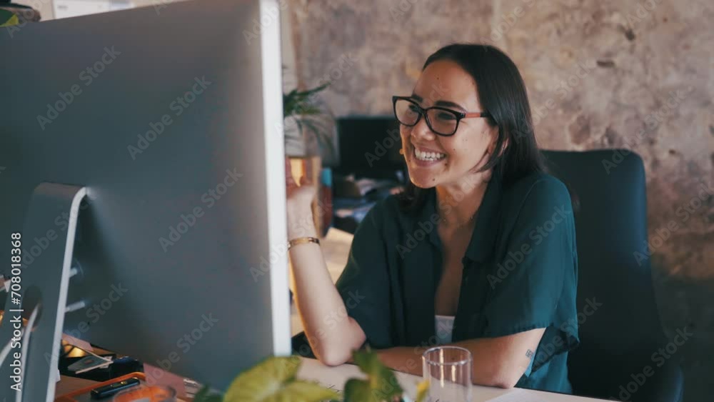Poster business woman, video call and happy on computer for online meeting and networking in her work from 