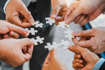 Business partner  and partnership Hands join Jigsaw team spirit Collaboration global community...