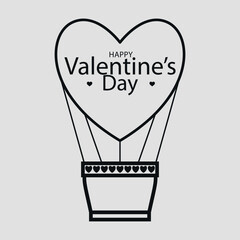 Valentine. A heart-shaped balloon with a greeting text. Black thin line. Vector on a gray background.