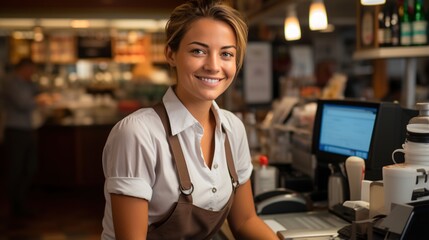 Portrait of a young woman working at a cash register - obrazy, fototapety, plakaty
