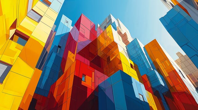 brightly colored buildings city blue sky generative consumer electronics world awards blocky shape vertical symmetry illustration printing architectural printed building encrypted