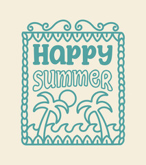 Happy summer with the wave and palm coconut design around graphic t shirt badge sticker vector illustration