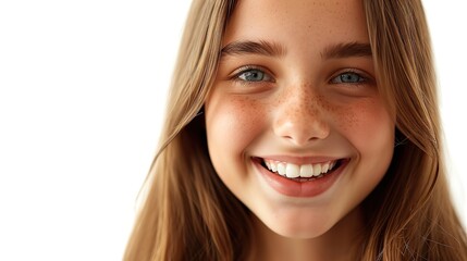A close-up portrait of a cheerful young girl with freckles, showing a bright, toothy smile.