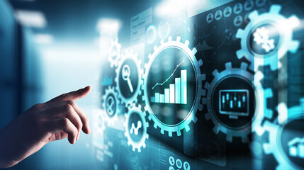 Big Data analysis, Business process analytics diagrams with gears and icons on virtual screen.