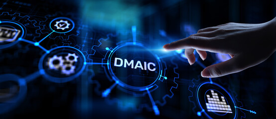 DMAIC Define Measure Analyze Improve Control Industrial business process optimisation six sigma lean manufacturing technology concept on virtual screen. - obrazy, fototapety, plakaty
