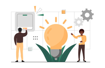 People with new ideas . Men and woman with light bulb. People work in teams to create new ideas and discuss them. Launching a new project. Financial occupation employees. Vector illustration