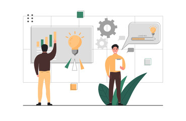 People with new ideas. Mens with light bulb. People work in teams to create new ideas and discuss them. Start up. Financial occupation employees. Vector illustration