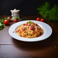 Spaghetti Carbonara with bacon and tomato sauce on a wooden table.AI.