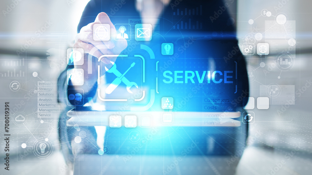 Poster service support customer help call center business technology button on virtual screen.