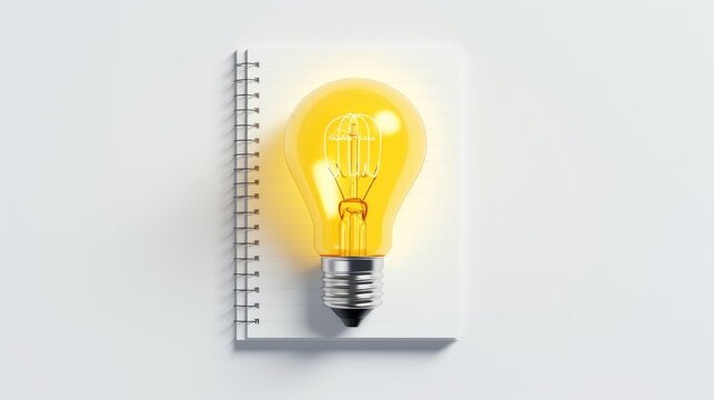 Yellow lightbulb isolated on white with notebook