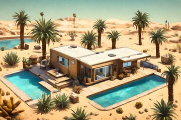 Fototapeta na wymiar oasis in the desert, A desert oasis setting featuring a mobile home with swimming pool, where the pool provides a refreshing contrast to the golden sands around