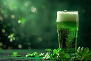 St. Patrick's Day Green Beer pint over dark green background, decorated with shamrock leaves. St. Patrick's Day background. Space for text. - obrazy, fototapety, plakaty