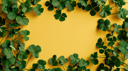 empty yellow background in a frame of green clover, shamrock, st. patrick's day, Ireland, postcard, layout, blank, place for text, national Irish holiday, nature, plants, symbol, March 17