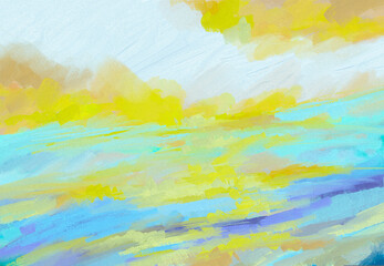 Impressionistic Bright & Uplifting Orange or Peach, Yellow and Golden Sunset or Sunrise Over the Lake Cloudscape or Seascape Art, Digital Painting, Artwork, Illustration, Design