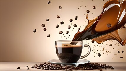 Generative ai. a cup of coffee being poured into a cup, celebration of coffee products, steaming coffee, arabica style, coffee, drink more coffee, morning coffee, spilt coffee - obrazy, fototapety, plakaty