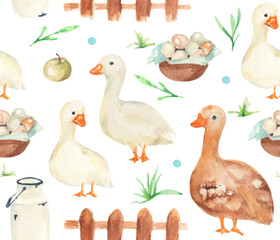 Watercolor seamless pattern. Ornament with gooses. Watercolor farm pattern. Gooses illustration. Farm illustration. design with cute animals, eggs . Idea for textile, nursery, wrapping paper, fabric
