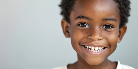 Healthy teeth, dentistry dental care positive people concept. The smile of an African American elementary school boy. Portrait of a smiling kid with white teeth on a gray studio background. Copy paste