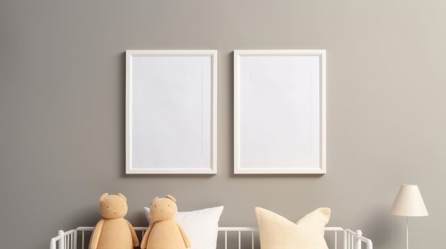 Empty wooden picture frame mockup hanging on wall background. Kids room interior.