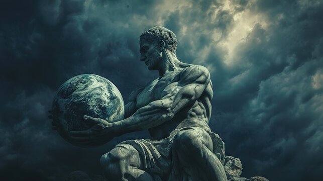 An artistic depiction of a muscular statue cradling a realistic Earth against a dramatic cloudy sky.