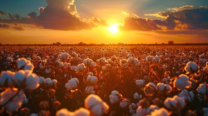 The image shows a breathtaking sunset with vibrant colors cascading over a sprawling cotton field. - obrazy, fototapety, plakaty