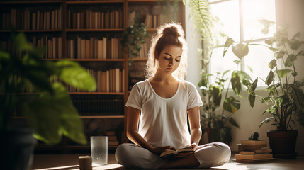 Girl doing yoga in the living room with books and house plants