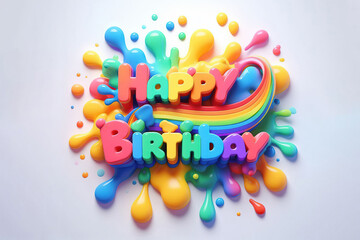 Happy birthday on radial stripes with a rich color on a white background. Cute rainbow text "Happy Birthday" on the colorful splash. 3d render.