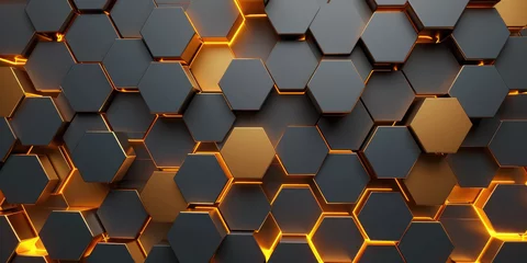 Fotobehang Abstract futuristic luxurious digital geometric technology hexagon background banner illustration 3d - Glowing gold, brown, gray and black hexagonal 3d shape texture wall © Bela